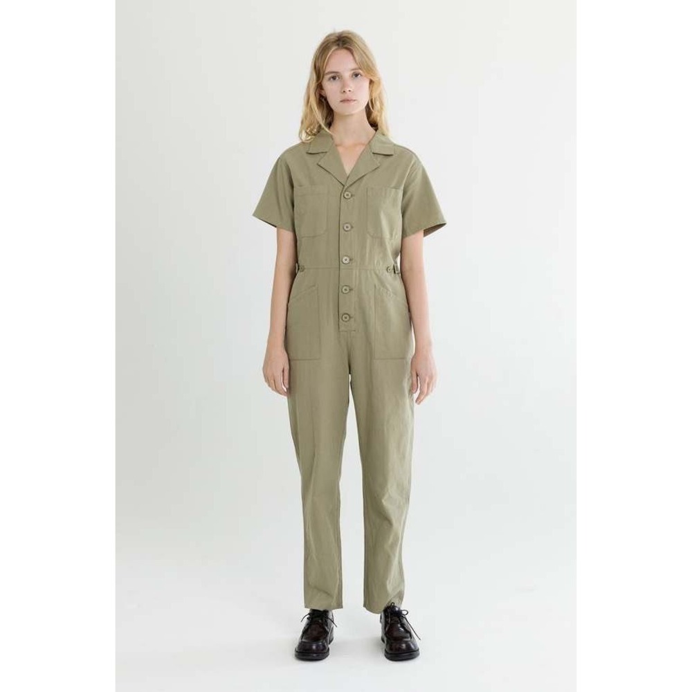Mod Ref Green Utility Jumpsuit Short Sleeve Cotton Button Front Large artsy boho